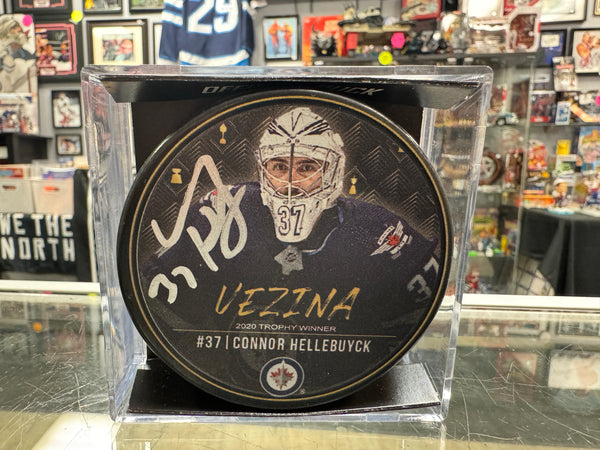 Connor Hellebuyck signed Winnipeg Jets Vézina Trophy Hockey Puck