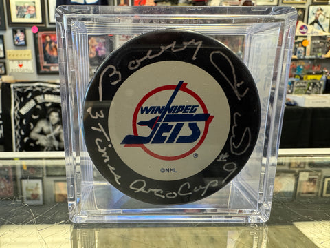 Bobby Hull signed Winnipeg Jets Hockey Puck 3 Times Avco Cup Inscription