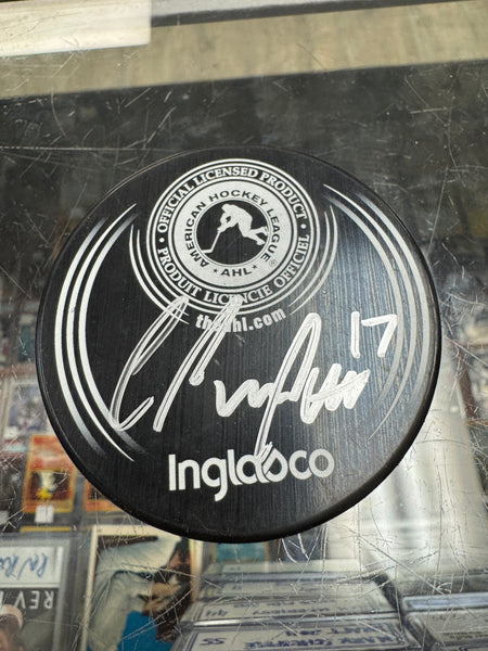 Cole Perfetti signed Manitoba Moose Autism Awareness Hockey Puck